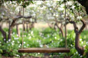 ai generato di legno swing sospeso a partire dal un' albero nel un' fioritura giardino. generativo ai foto