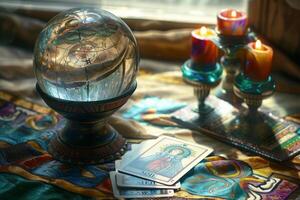 ai generato fortuna telling tavolo con un' Magia cristallo palla e tarocco carte. generativo ai foto