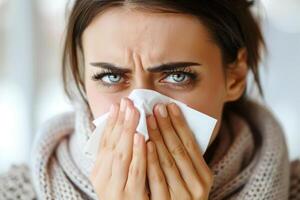 ai generato avvicinamento di malato donna è soffiaggio sua naso in un' fazzoletto di carta. generativo ai foto