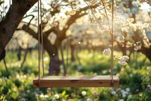 ai generato di legno swing sospeso a partire dal un' albero nel un' fioritura giardino. generativo ai foto