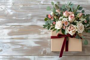 ai generato regalo scatola legato con nastro e un' mazzo di fiori su di legno sfondo. generativo ai foto