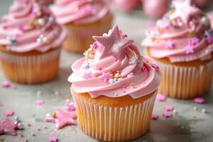 ai generato carino Principessa a tema cupcakes per un' poco ragazza decorato con zucchero stelle. generativo ai foto