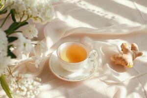 ai generato Zenzero tè nel ceramica tazza con Zenzero radice su soleggiato leggero sfondo. generativo ai foto