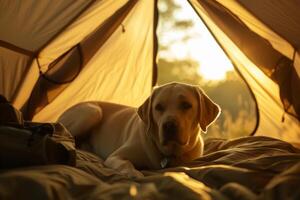 ai generato cane posa nel tenda nel il foresta. all'aperto campeggio con un' cane. viaggio con il animale domestico. generativo ai foto