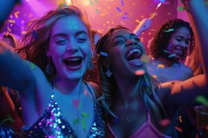 ai generato giovane donne festeggiare e avendo divertimento a un' festa. gruppo di femmina amici con sparklers partying nel discoteca. generativo ai foto