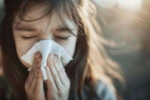 ai generato avvicinamento di malato ragazza è soffiaggio sua naso in un' fazzoletto di carta. generativo ai foto
