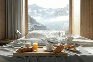 ai generato letto con cuscini, bianca lenzuola e prima colazione con brioche, caffè, pane rotoli su un' di legno vassoio. generativo ai foto