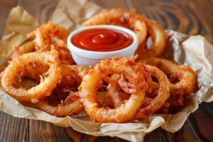 ai generato fritte croccante cipolla anelli con immersione salsa. generativo ai foto