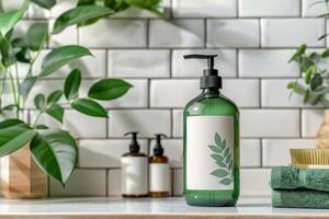 ai generato shampoo verde bottiglia modello con vuoto etichetta nel bagno. minimalista stile. generativo ai foto