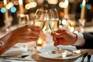 ai generato coppia a cena notte la spesa tempo insieme tostatura Champagne. generativo ai foto