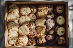 ai generato scatola di assortito salutare biscotti appena al forno e confezionato per andare. generativo ai foto