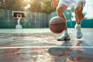 ai generato pallacanestro giocatore dribbling il palla su pallacanestro Tribunale. generativo ai foto