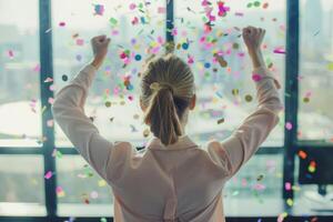 ai generato posteriore Visualizza di contento donna d'affari celebra successo con coriandoli nel ufficio. generativo ai foto