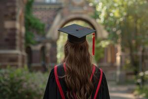 ai generato posteriore Visualizza di donna nel la laurea abbigliamento vicino Università. generativo ai foto