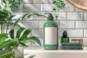 ai generato shampoo verde bottiglia modello con vuoto etichetta nel bagno. minimalista stile. generativo ai foto