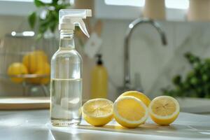 ai generato bottiglia di fatti in casa Limone addetto alle pulizie su il tavolo nel cucina. generativo ai foto