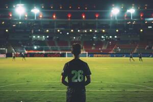 ai generato indietro Visualizza di professionale calcio giocatore su campo di stadio. generativo ai foto