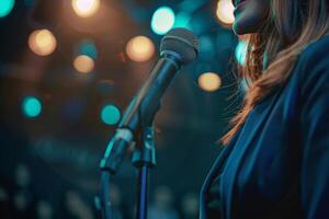 ai generato femmina cantante cantando in un' microfono. colorato bokeh luci su sfondo. generativo ai foto