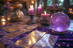 ai generato mistico cristallo sfera, tarocco carte e ardente candele su viola sfondo. Magia rituale o sillabare con esoterico simboli. generativo ai foto