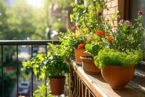 ai generato piccolo urbano balcone giardino con in vaso impianti. generativo ai foto