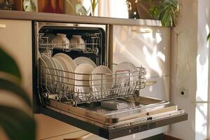 ai generato luminosa moderno cucina con Aperto lavastoviglie pieno di piatti. generativo ai foto