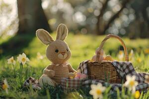 ai generato Pasqua picnic serenità scacchi lenzuolo, cestino di tratta, e felpa coniglietto foto