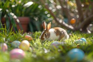ai generato Pasqua di coniglietto capriccioso uovo caccia avventura nel Giardino dietro la casa o parco ambientazione foto