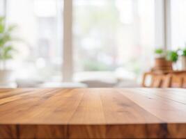 ai generato vuoto di legno tavola tavolo superiore su sfocatura accogliente vivente camera sfondo nel pulito e luminosa foto