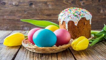 Pasqua uovo Panettone pane torta sfondo contento Pasqua primavera vacanza tulipano foto