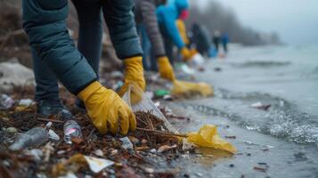 ai generato volontari rivestito nel arancia guanti e impermeabile Ingranaggio diligentemente raccogliere attraverso alga marina e detriti lungo il costa, contribuendo per un' spiaggia pulire sforzo. foto