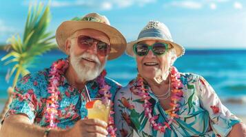 ai generato gioioso anziano coppia con tropicale leis e bevande a spiaggia, vivace hawaiano vacanza vibrazione. foto