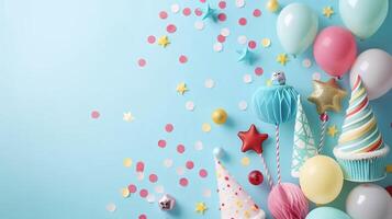 ai generato bandiera celebrazione arredamento con colorato palloncini, festa cappelli, e coriandoli per compleanno o festivo eventi foto