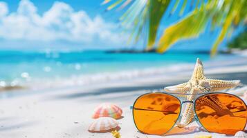 ai generato vivace estate spiaggia sfondo con occhiali da sole, stella marina, e conchiglie per tempo libero, viaggiare, e vacanza promozioni foto