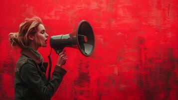 ai generato donna con megafono contro rosso strutturato sfondo, dinamico comando concetto, marketing e comunicazione, vivace attivista Immagine foto