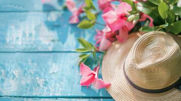 ai generato vivace estate sfondo con cannuccia cappello e rosa fiori su un' blu di legno struttura, Perfetto per di stagione marketing e vacanza temi foto