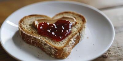 ai generato commovente colazione, tostato a forma di cuore pane sormontato con un' ciuffo di arachide burro e buio rosso marmellata, presentata su un' bianca piatto contro un' di legno tavolo foto