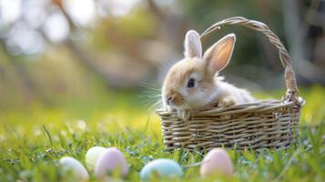 ai generato adorabile Pasqua coniglietto, un' piccolo e bellissimo bambino coniglio riposa nel un' cestino su un' lussureggiante verde prato, circondato di colorato Pasqua uova foto