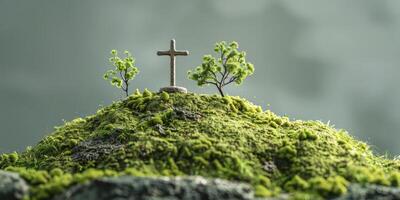 ai generato Pasqua risurrezione miniatura, attraversare in cima muschioso collina crea sereno scena di rinnovo foto