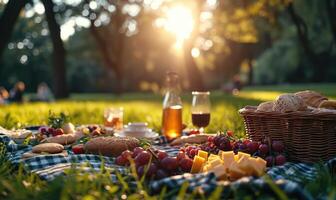 ai generato picnic su un' erba campo foto