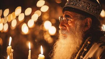 ai generato ritratto di un vecchio uomo nel il Chiesa durante il celebrazione di il Epifania. foto