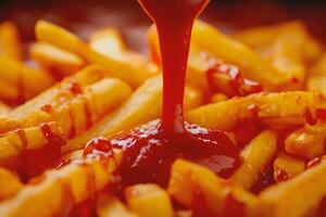 ai generato francese patatine fritte con ketchup, vicino su. selettivo messa a fuoco. foto