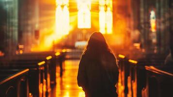ai generato silhouette di un' donna a piedi nel il Chiesa a tramonto. foto