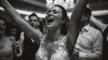 ai generato contento sposa danza con sua amici nel un' ristorante. nero e bianca foto. foto