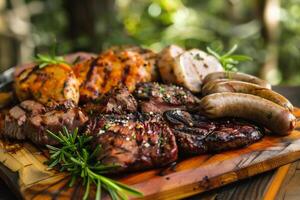 ai generato barbeque con grigliato carne e verdure su un' barbecue griglia all'aperto foto