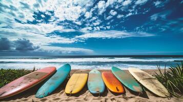 ai generato colorato tavole da surf su il spiaggia foto