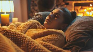 ai generato giovane bellissimo donna addormentato nel letto a casa. accogliente inverno sera. foto