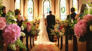 ai generato nozze cerimonia, sposa e sposo a un' Chiesa foto