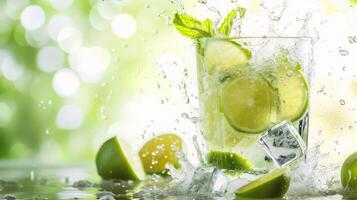 ai generato cocktail con lime, ghiaccio e menta su bokeh sfondo foto