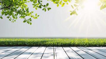 ai generato di legno pavimento nel il giardino con verde erba e luce del sole sfondo. foto