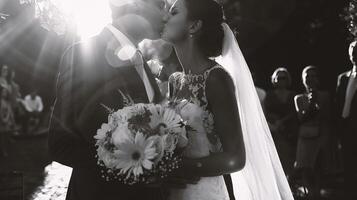 ai generato sposa e sposo su loro nozze giorno. nero e bianca foto. foto